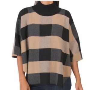 NOTE DI ANITA Wool Plaid Dolman Sleeve Mock‎ Neck Poncho Made in Italy Ultrasoft